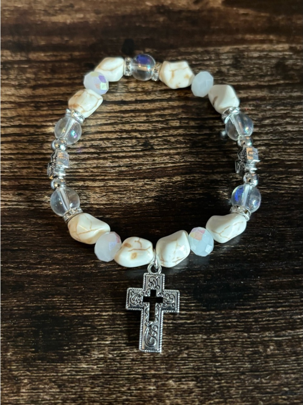White Howlite‎ Beaded Cross Stretch Bracelet